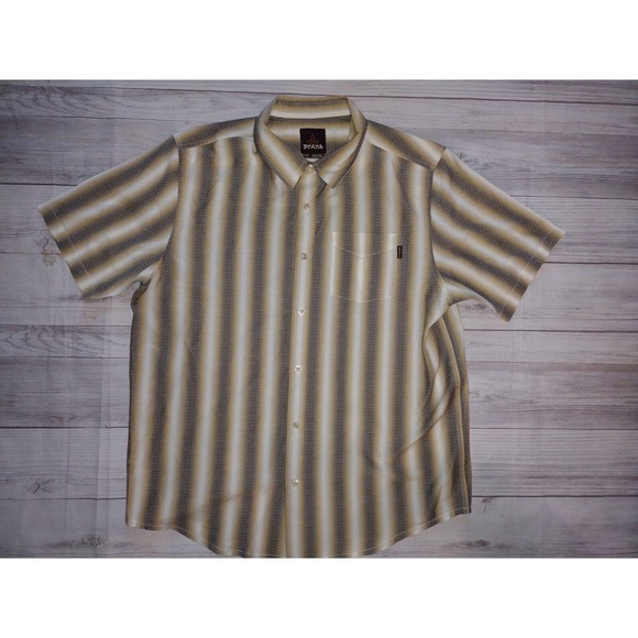 PrAna Mens Short Sleeve Button Up Brown White Stripe Shirt Large - Picture 2 of 6